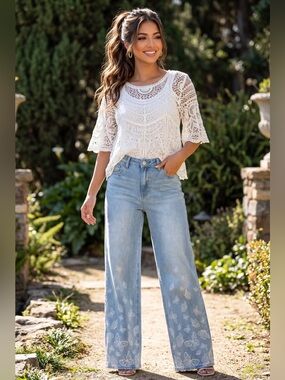 🌟B781. Stylish Wide Leg Jeans with Subtle Butterfly Print